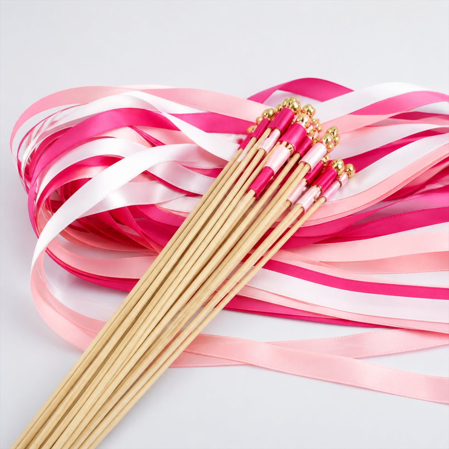 Handmade Fuchsia, Blush & White Satin Wedding Ribbon Wands with Bell