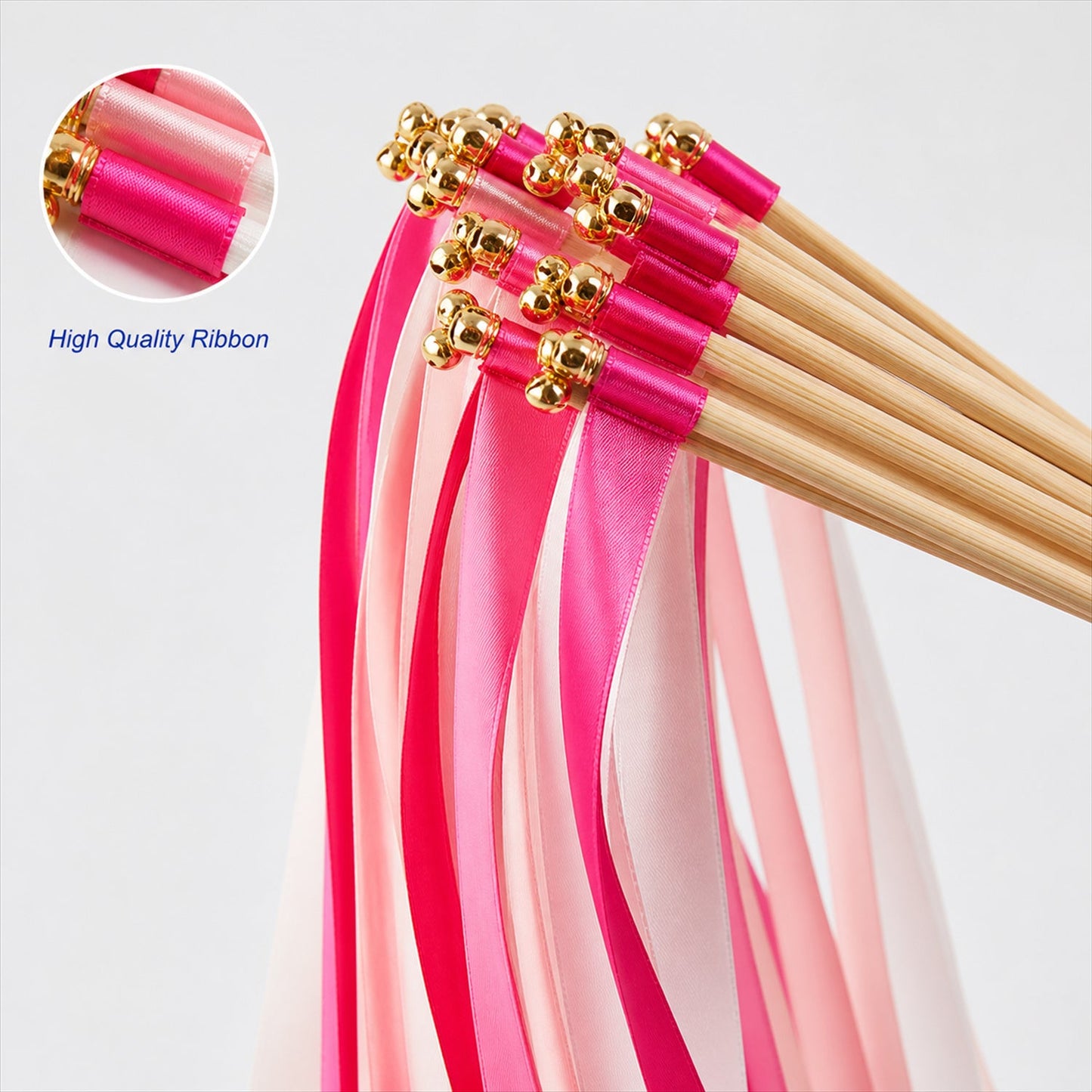 Handmade Fuchsia, Blush & White Satin Wedding Ribbon Wands with Bell
