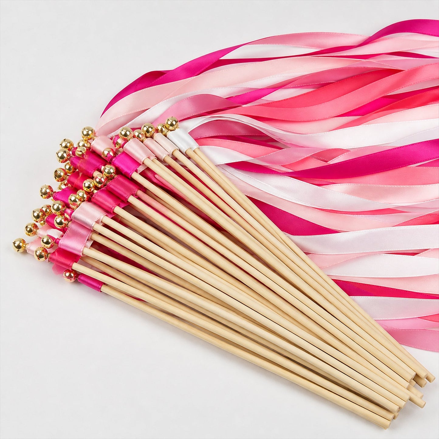Handmade Fuchsia, Blush & White Satin Wedding Ribbon Wands with Bell