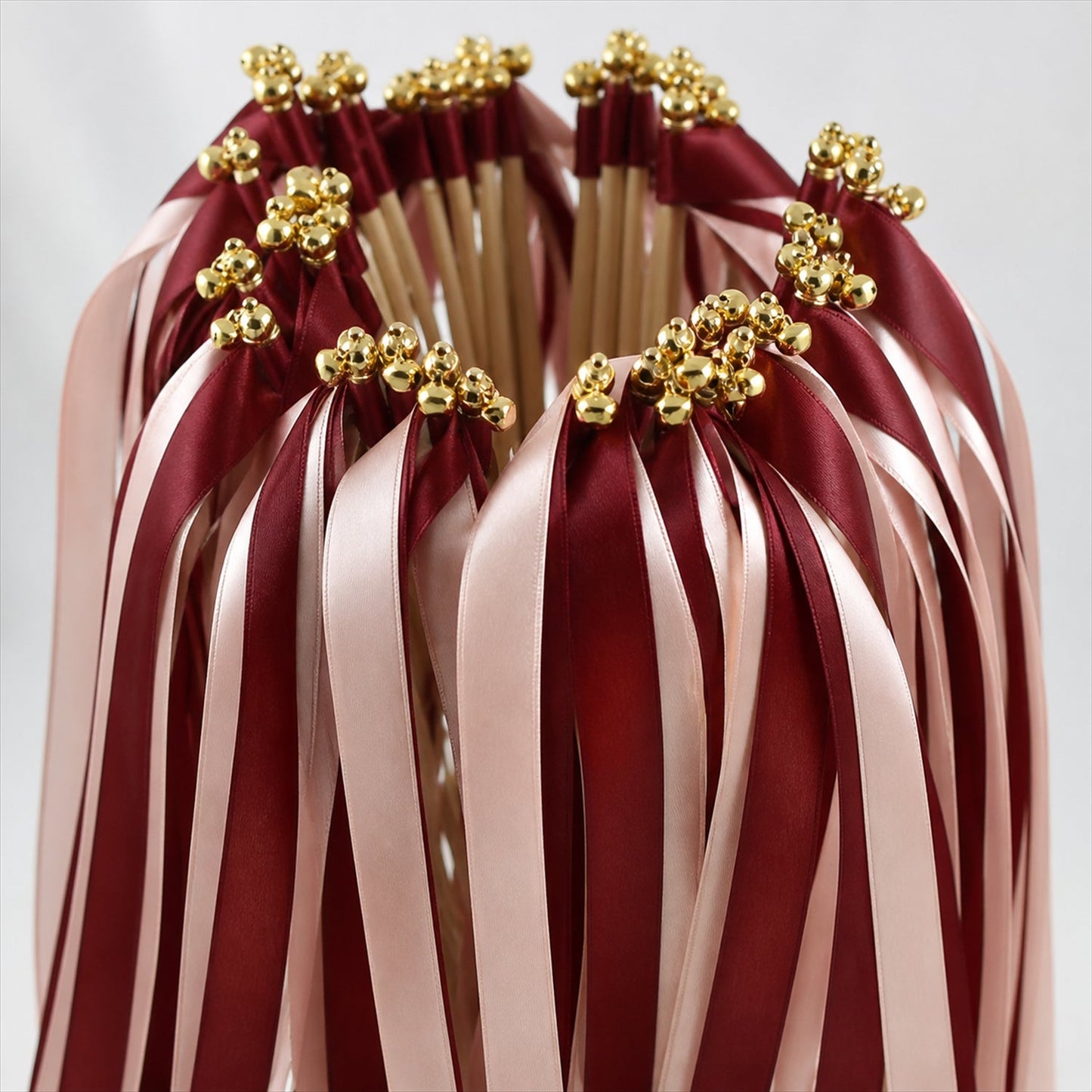 Handmade Burgundy & Blush Satin Wedding Ribbon Wands with Bell
