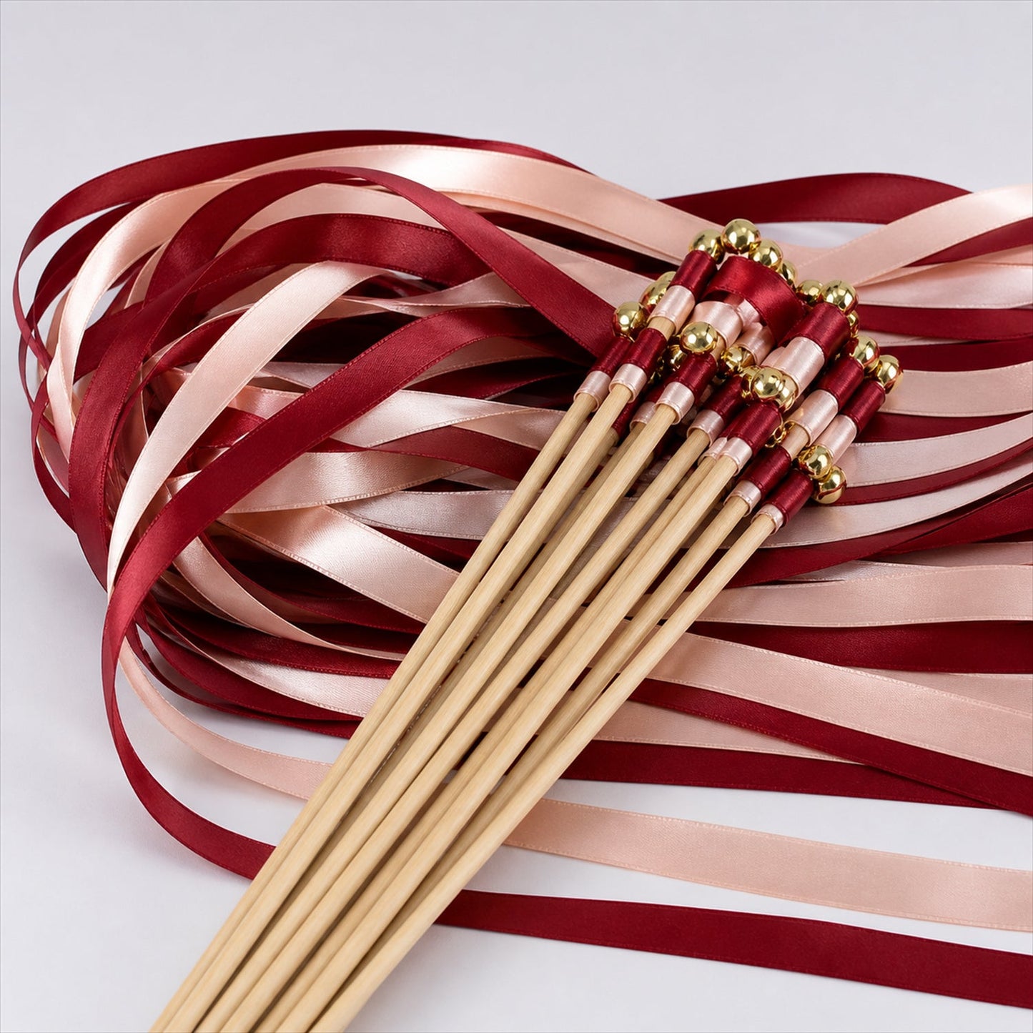 Handmade Burgundy & Blush Satin Wedding Ribbon Wands with Bell