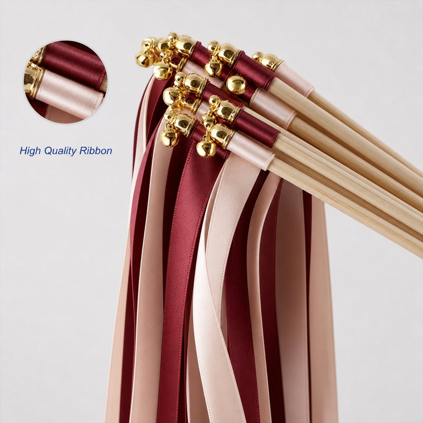 Handmade Burgundy & Blush Satin Wedding Ribbon Wands with Bell