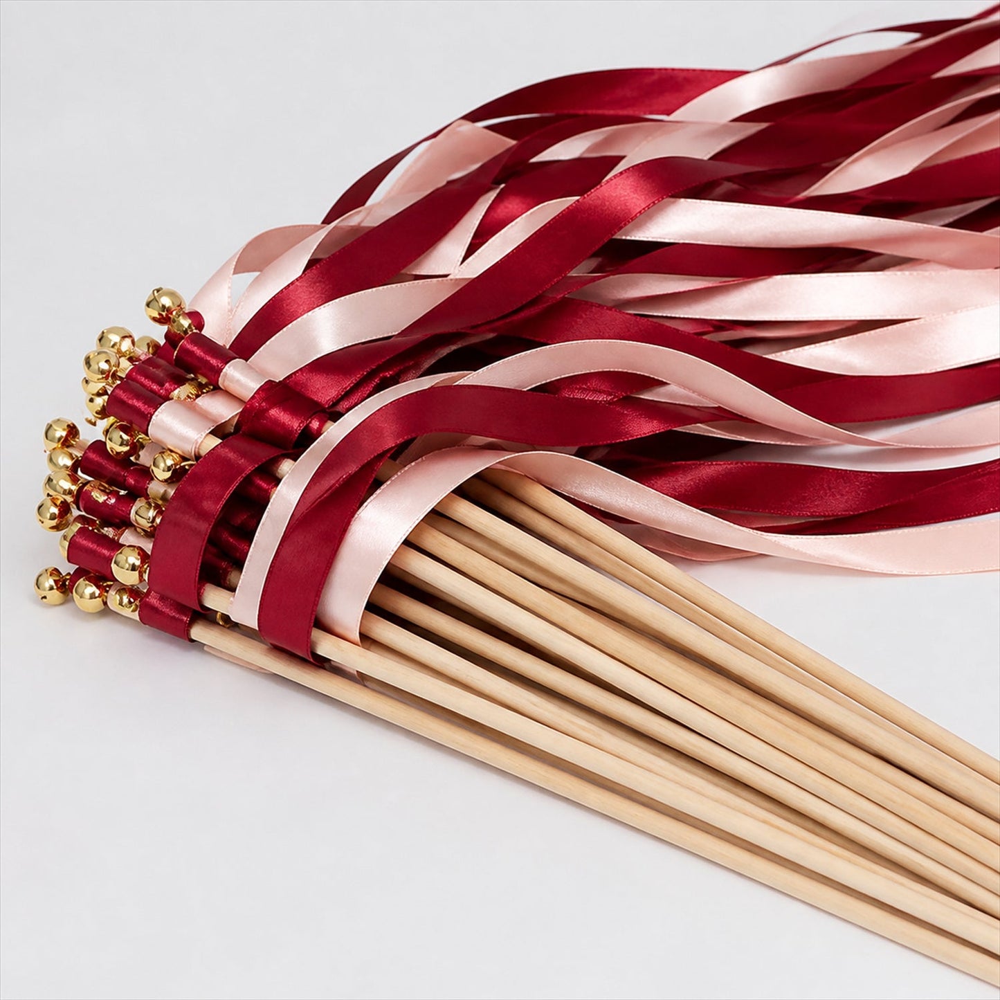 Handmade Burgundy & Blush Satin Wedding Ribbon Wands with Bell