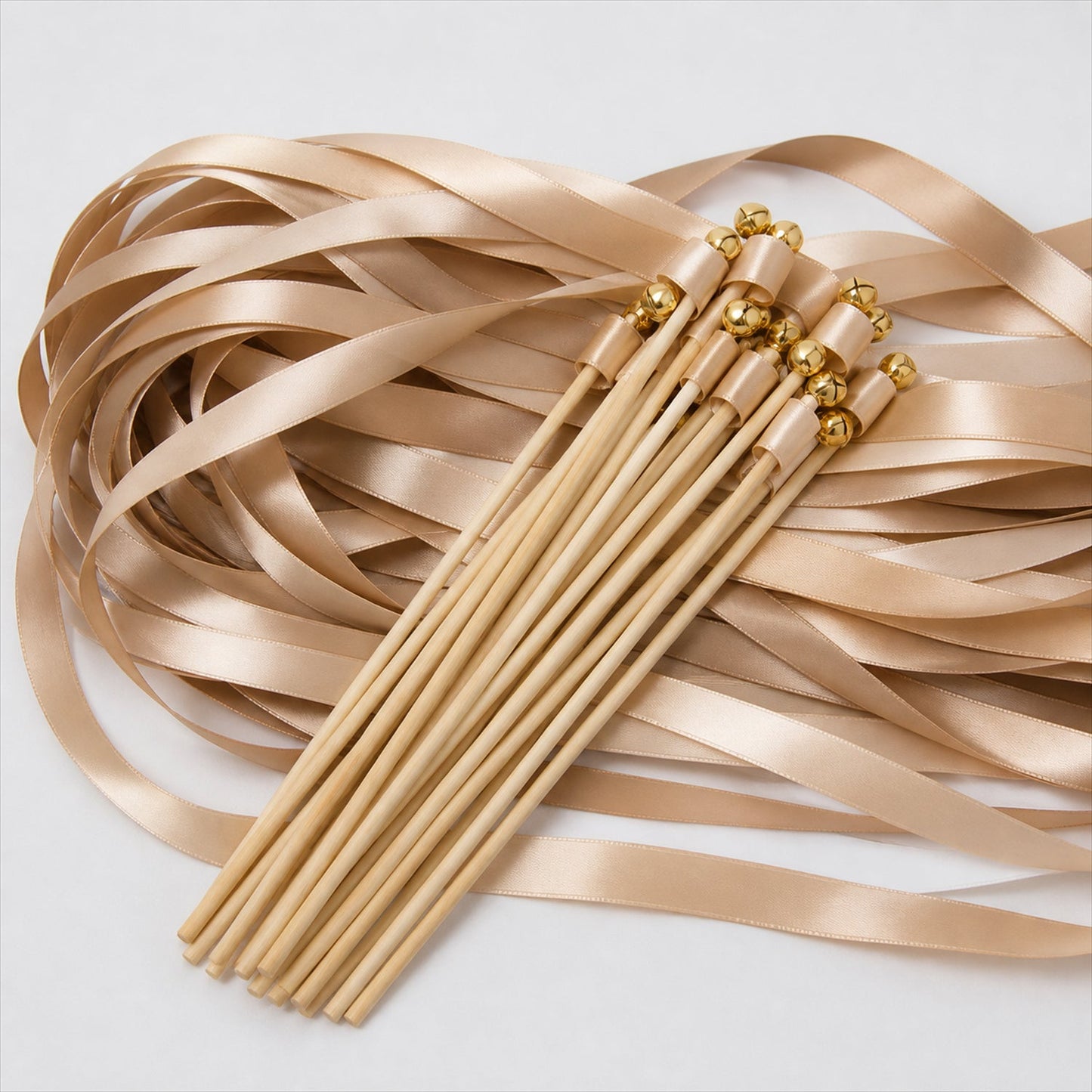 Handmade Champagne & Beige Satin Wedding Ribbon Wands with Bell