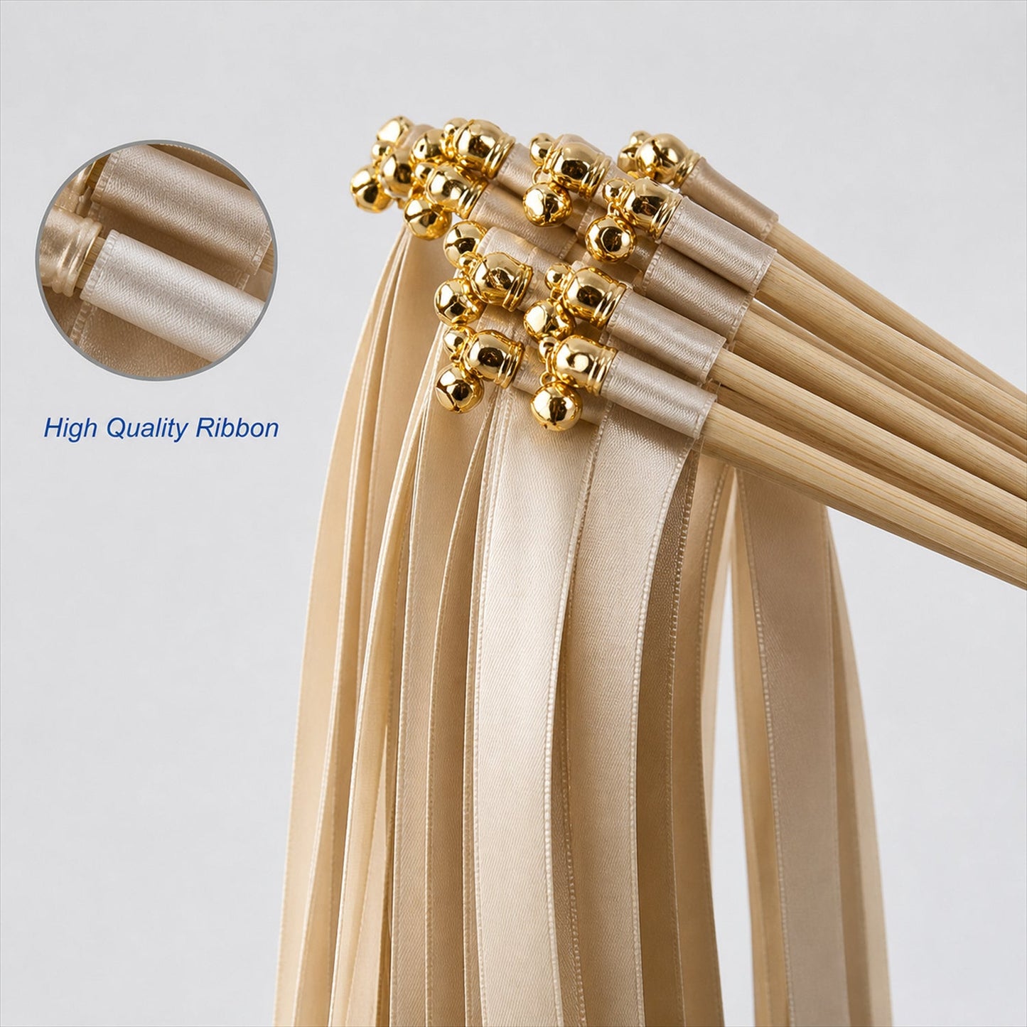 Handmade Champagne & Beige Satin Wedding Ribbon Wands with Bell