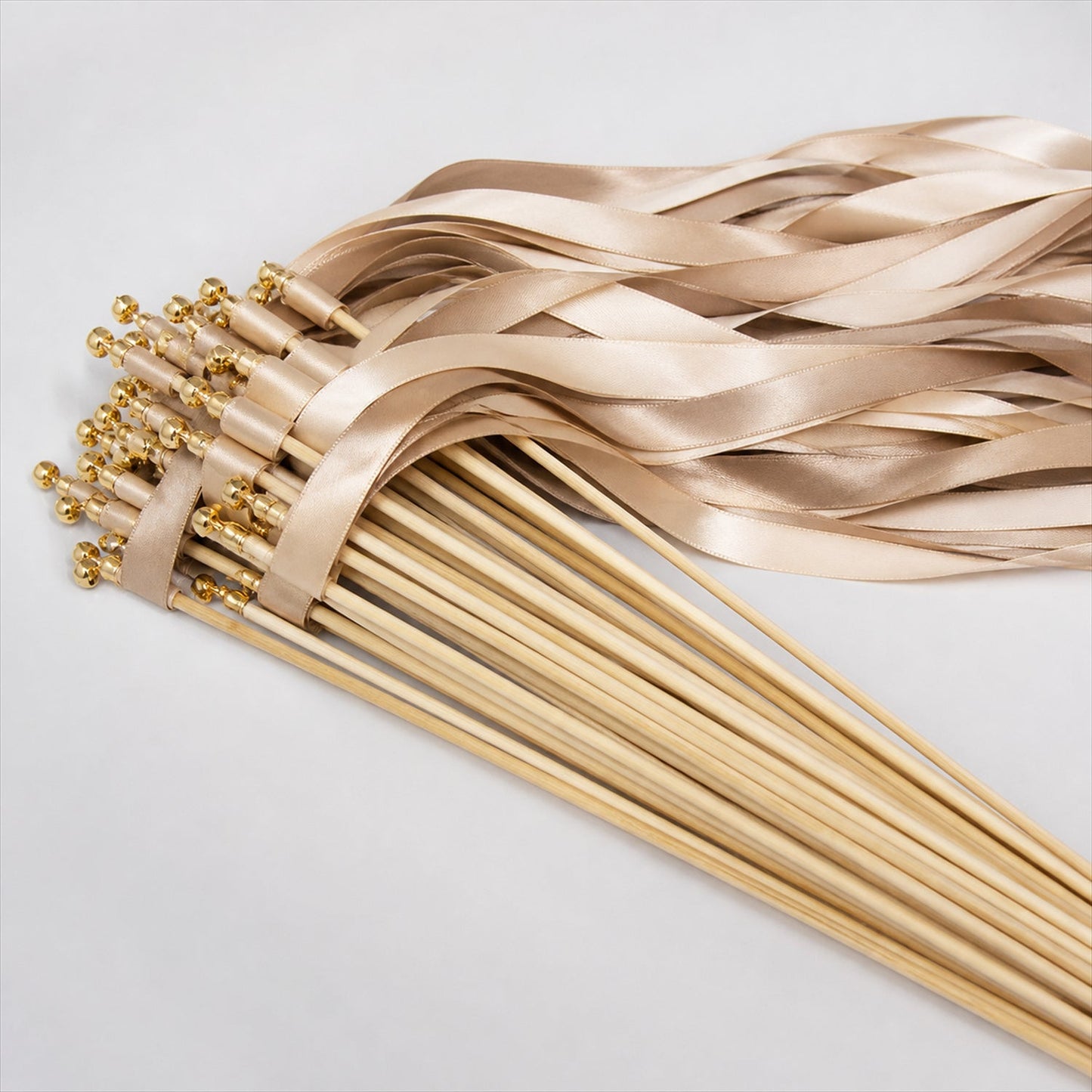 Handmade Champagne & Beige Satin Wedding Ribbon Wands with Bell