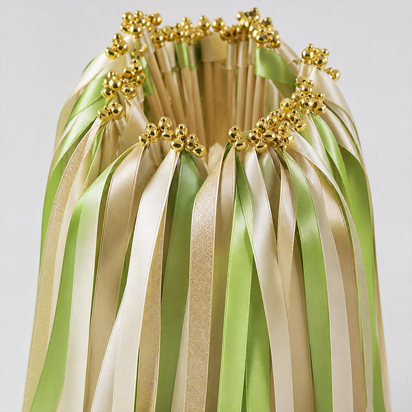 Handmade Lime Green, Ivory & Gold Satin & Gold Glitter Wedding Ribbon Wands with Bell