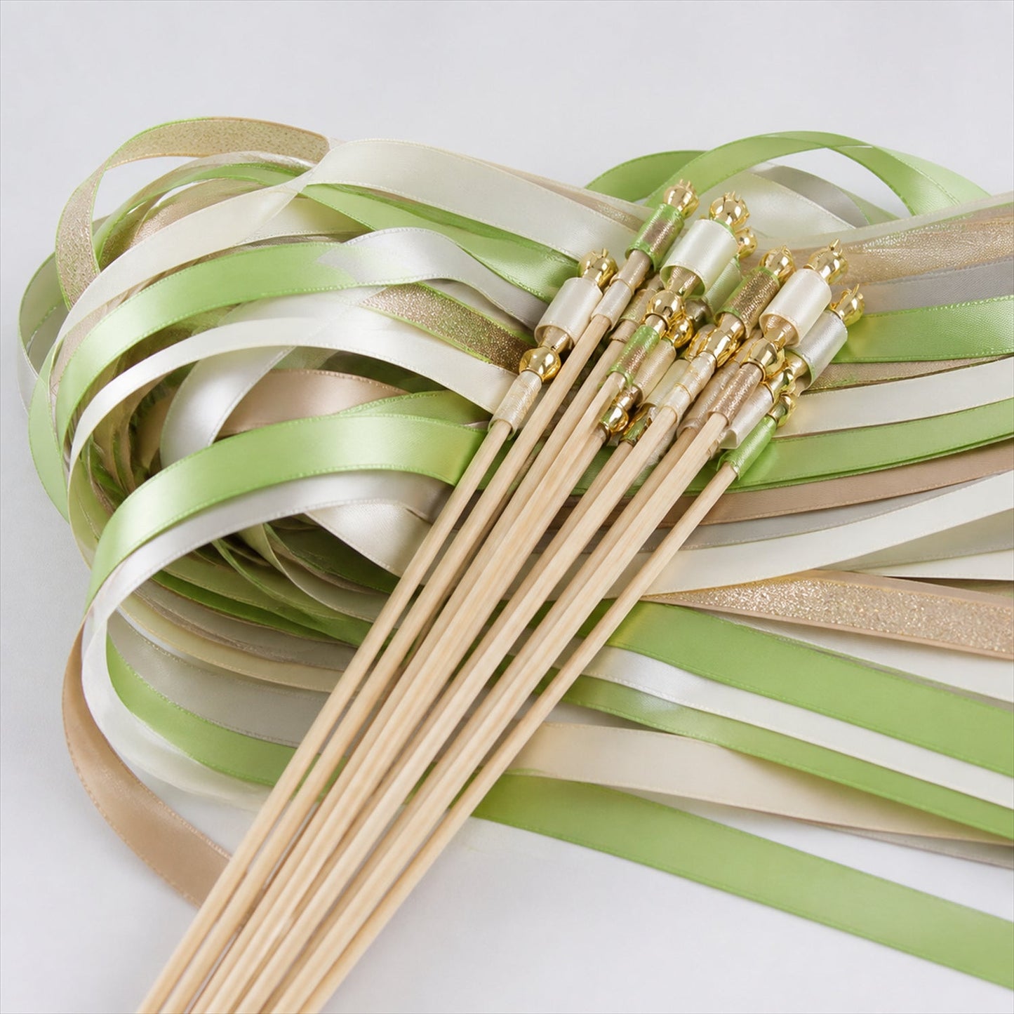 Handmade Lime Green, Ivory & Gold Satin & Gold Glitter Wedding Ribbon Wands with Bell