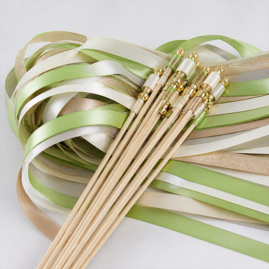 Handmade Lime Green, Ivory & Gold Satin & Gold Glitter Wedding Ribbon Wands with Bell