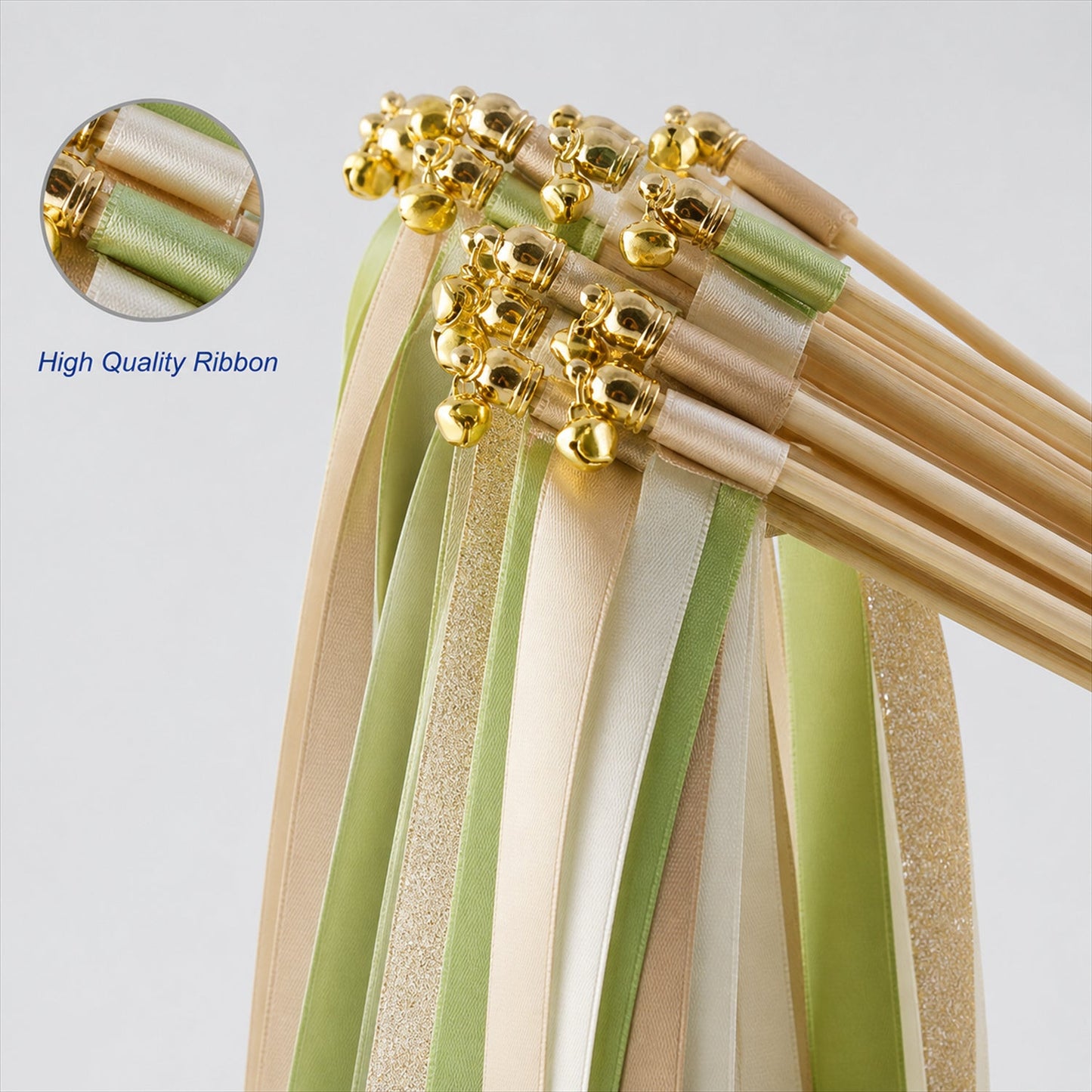 Handmade Lime Green, Ivory & Gold Satin & Gold Glitter Wedding Ribbon Wands with Bell