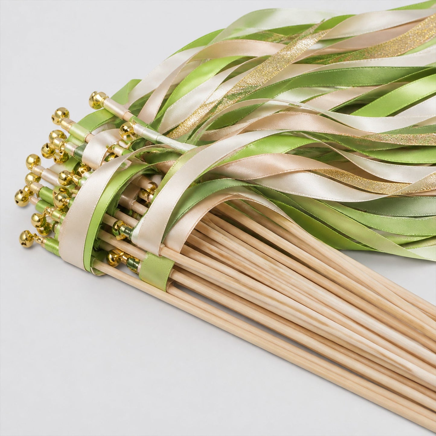 Handmade Lime Green, Ivory & Gold Satin & Gold Glitter Wedding Ribbon Wands with Bell