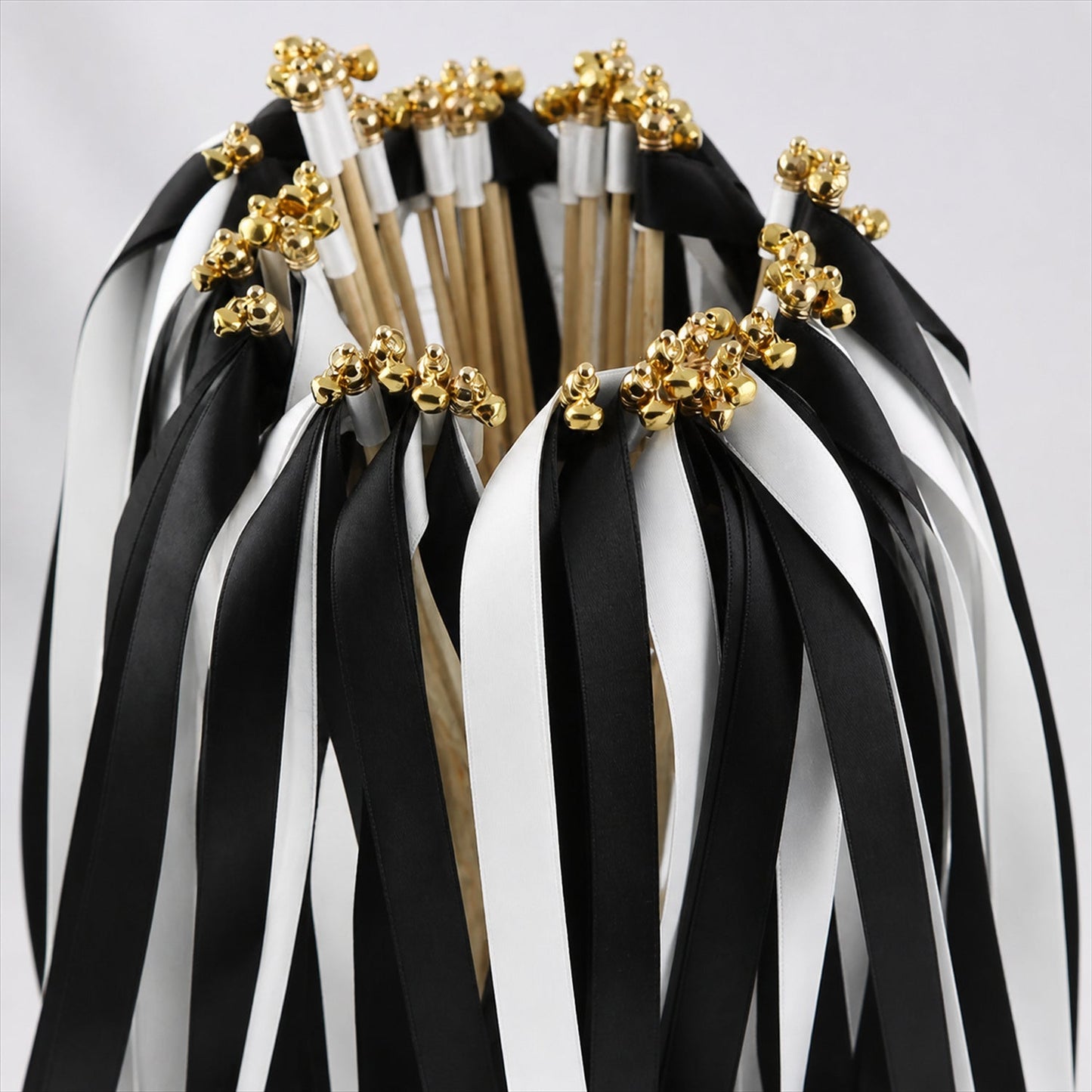 Handmade Black & White Satin Wedding Ribbon Wands with Bell