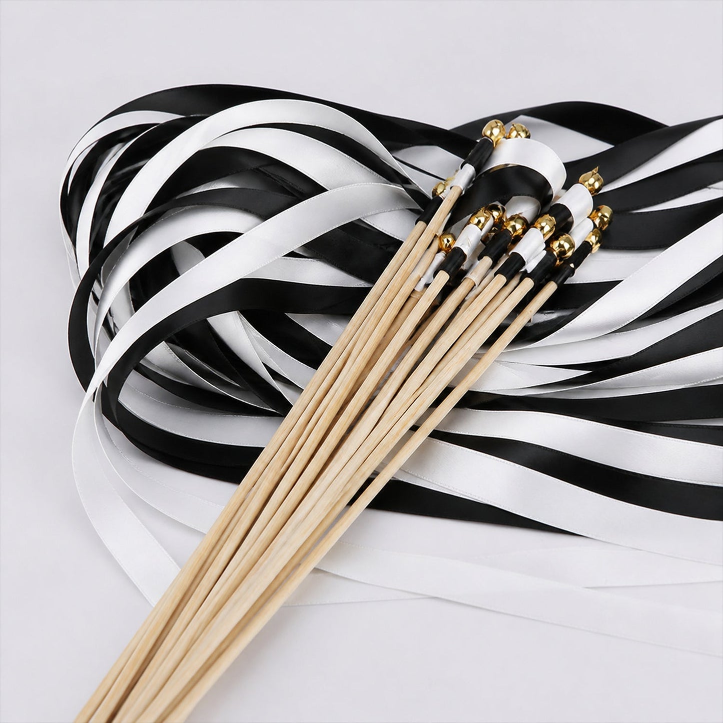 Handmade Black & White Satin Wedding Ribbon Wands with Bell