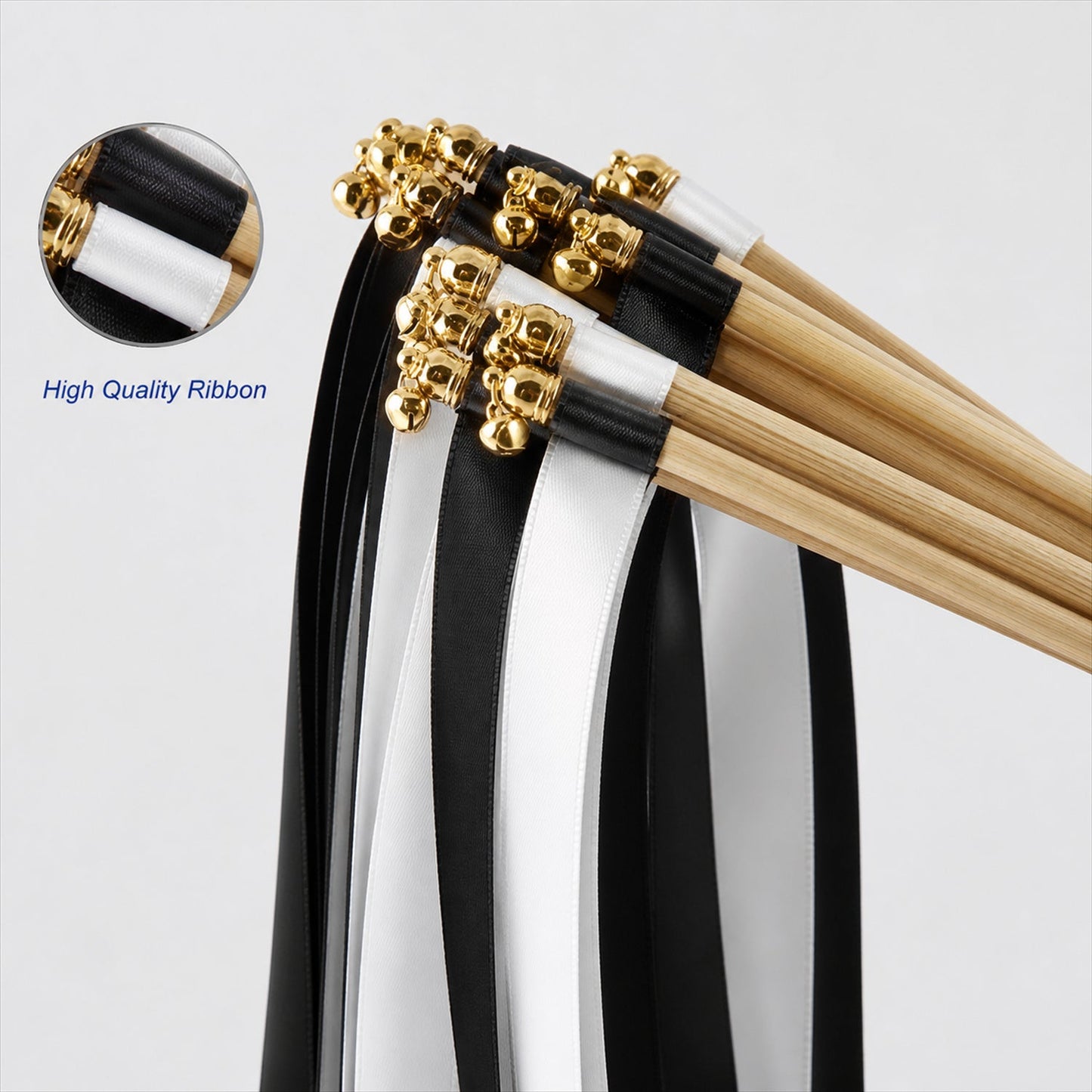 Handmade Black & White Satin Wedding Ribbon Wands with Bell