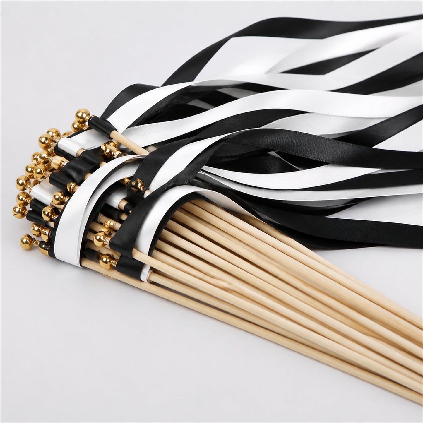 Handmade Black & White Satin Wedding Ribbon Wands with Bell