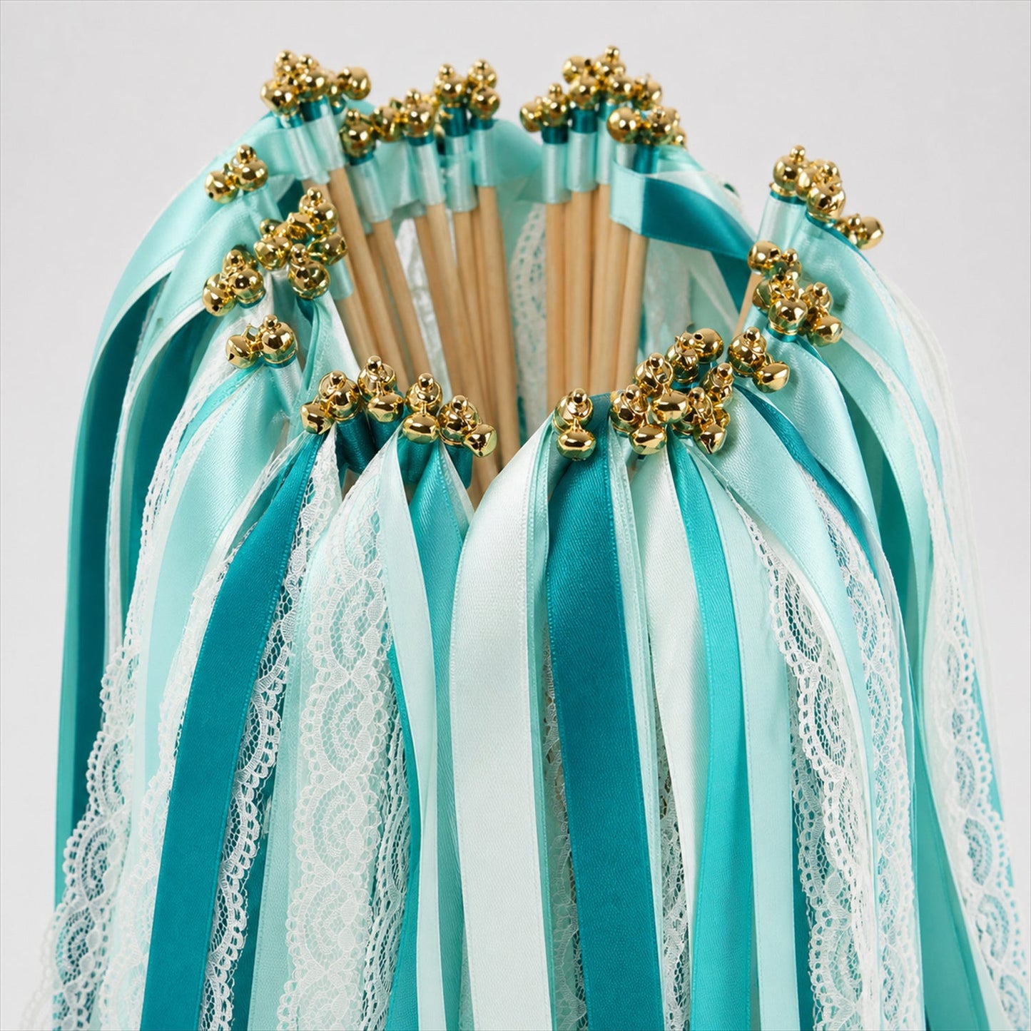 Handmade Teal, Mint & White Satin & Lace Wedding Ribbon Wands with Bell
