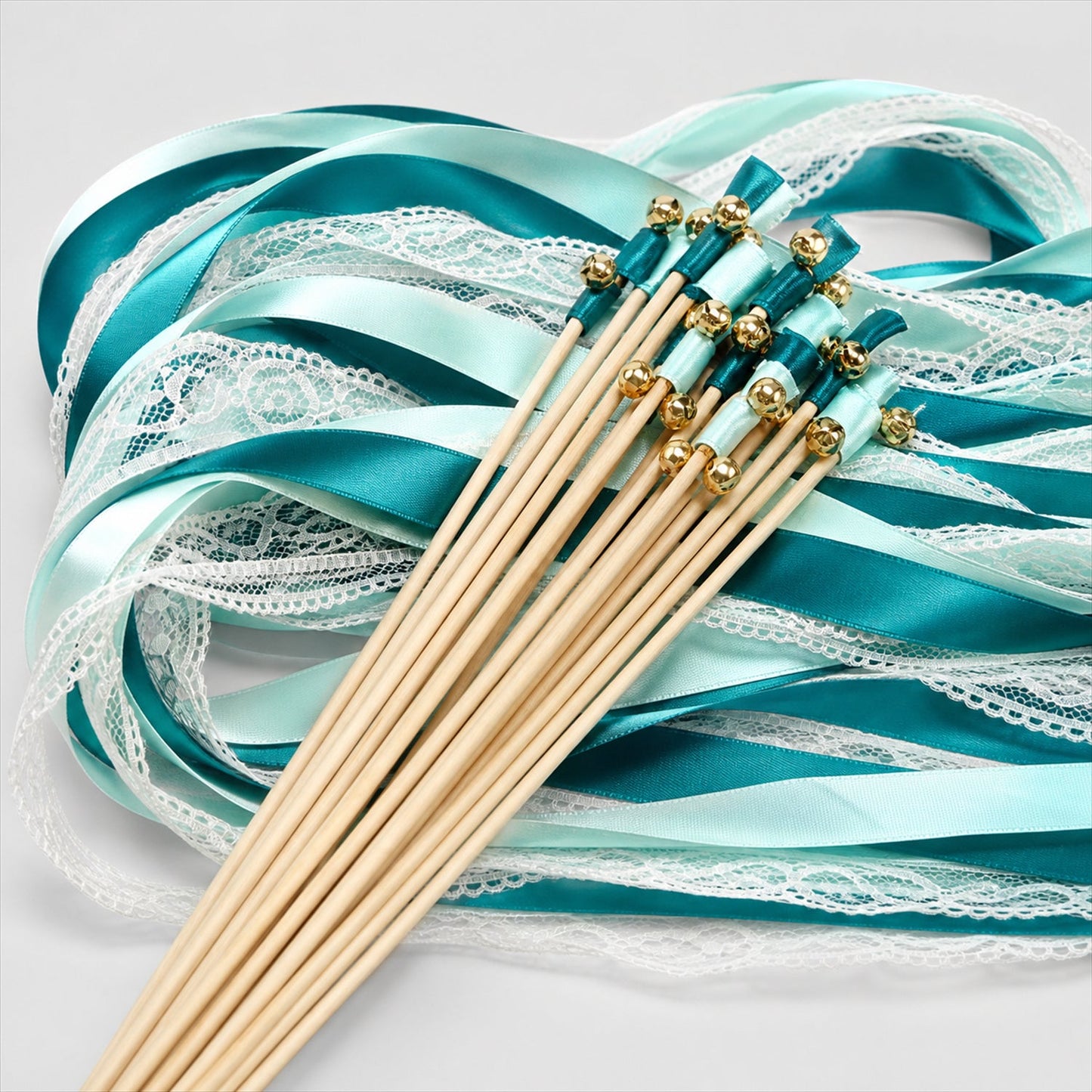 Handmade Teal, Mint & White Satin & Lace Wedding Ribbon Wands with Bell