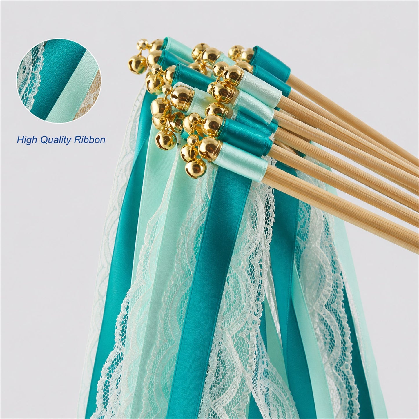 Handmade Teal, Mint & White Satin & Lace Wedding Ribbon Wands with Bell