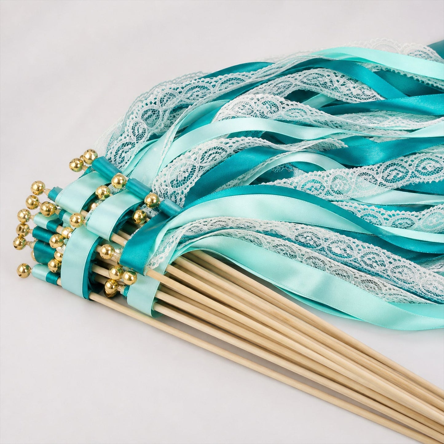Handmade Teal, Mint & White Satin & Lace Wedding Ribbon Wands with Bell