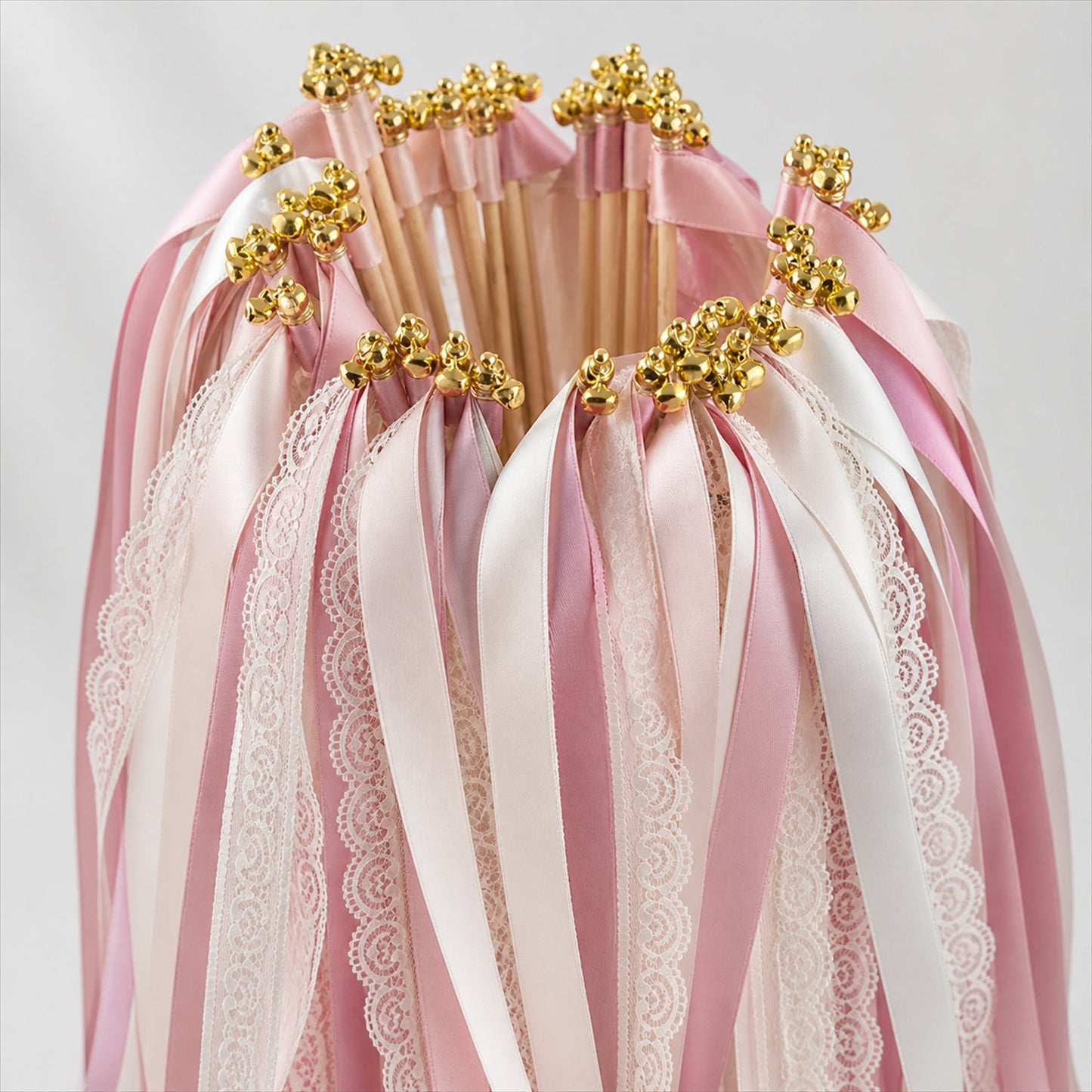 Handmade Dusty Rose & White Satin & Lace Wedding Ribbon Wands with Bell