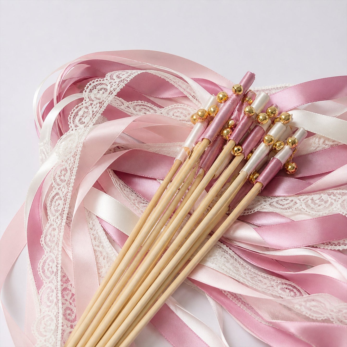 Handmade Dusty Rose & White Satin & Lace Wedding Ribbon Wands with Bell