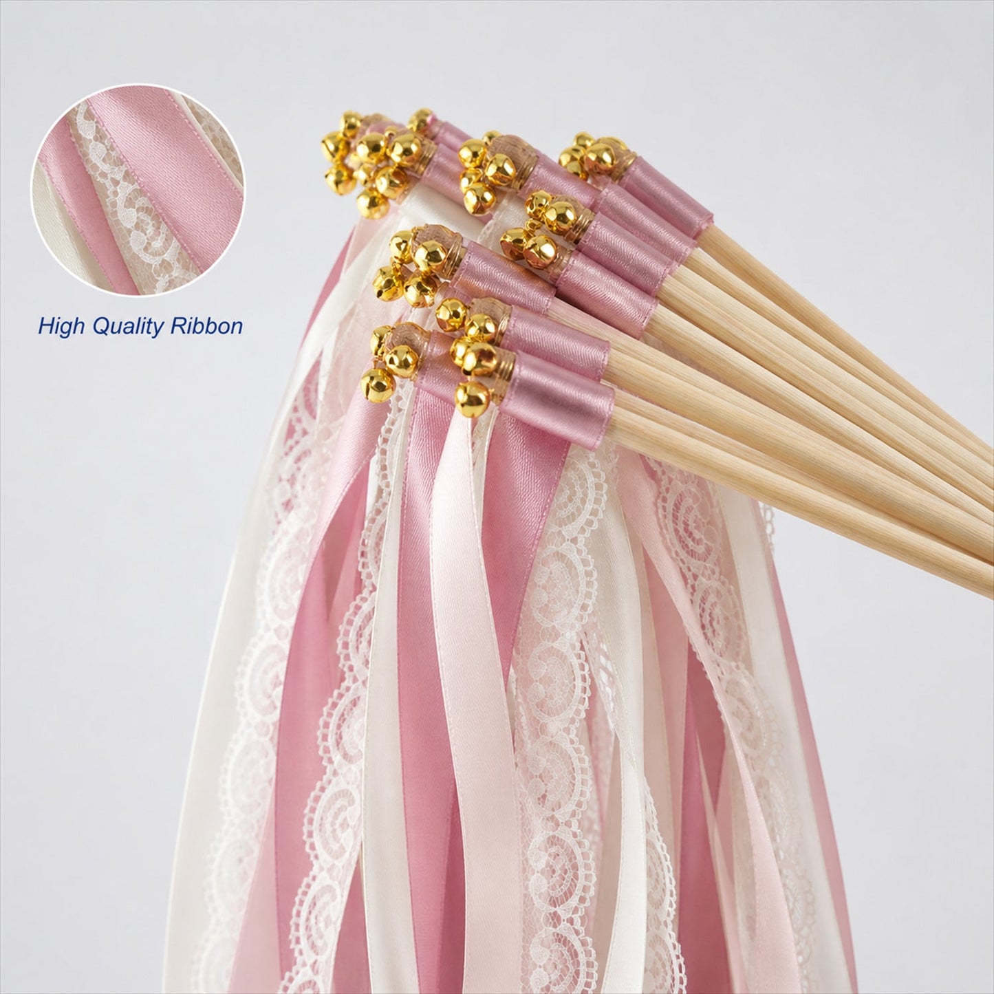Handmade Dusty Rose & White Satin & Lace Wedding Ribbon Wands with Bell