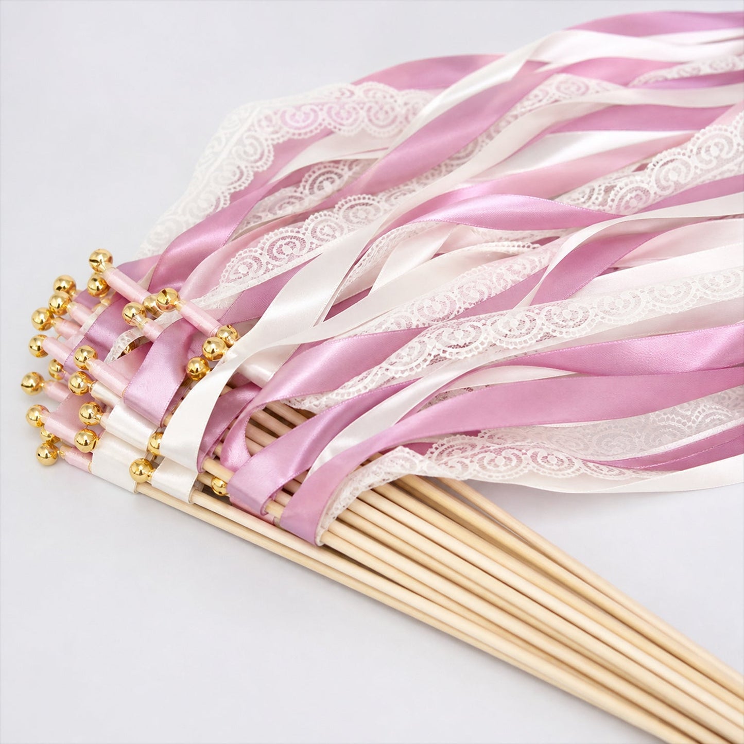 Handmade Dusty Rose & White Satin & Lace Wedding Ribbon Wands with Bell