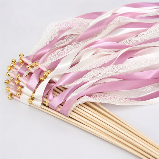 Handmade Dusty Rose & White Satin & Lace Wedding Ribbon Wands with Bell