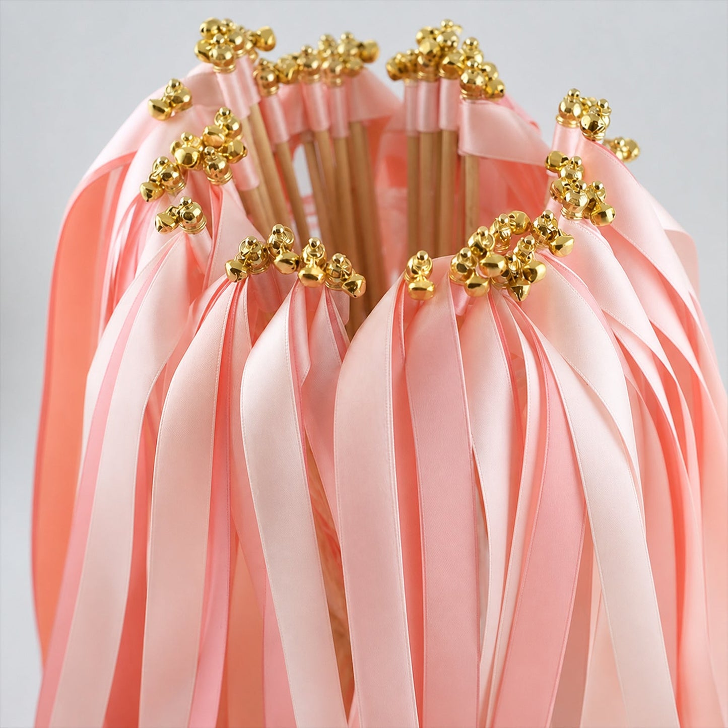Handmade Coral, Peach & Pink Satin Wedding Ribbon Wands with Bell