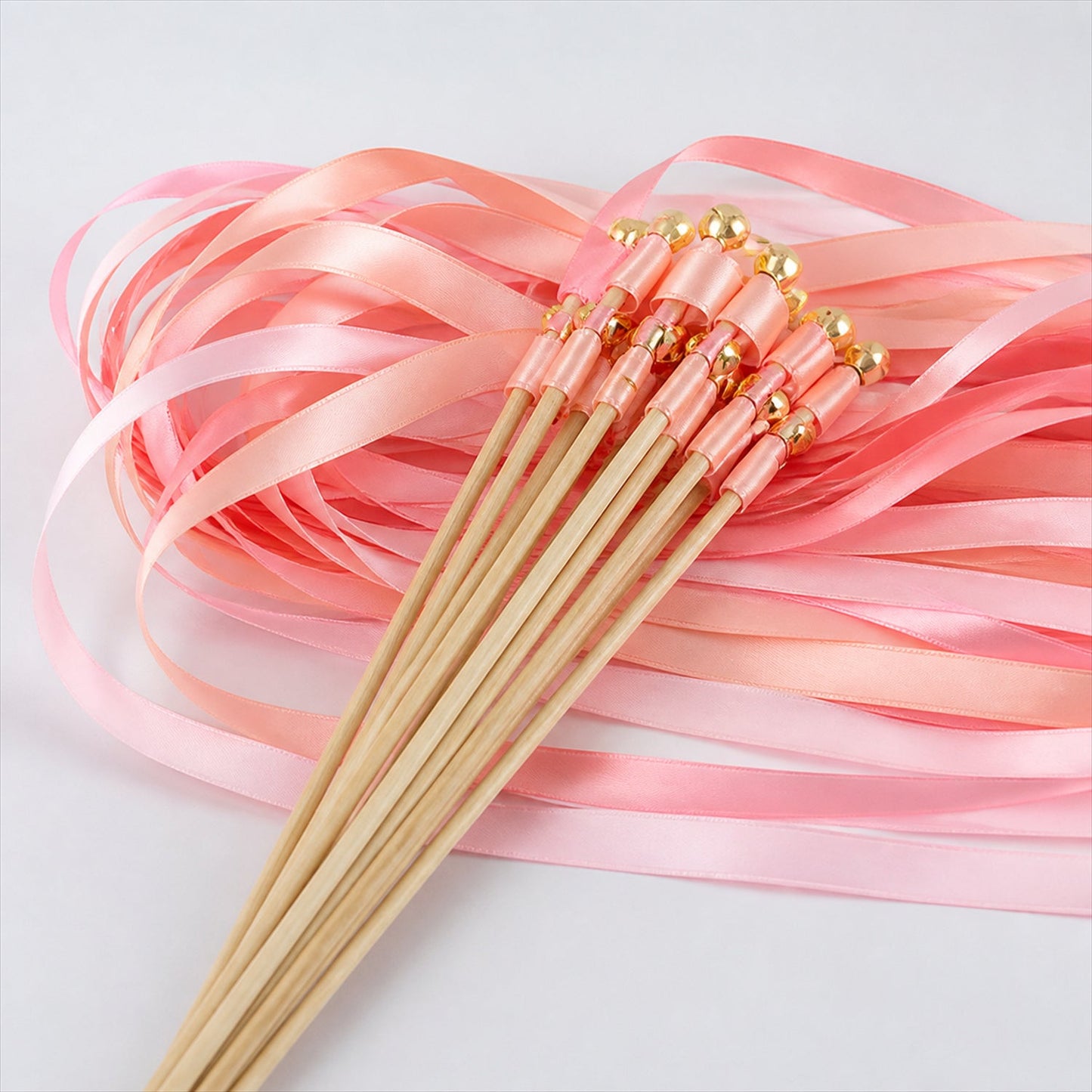 Handmade Coral, Peach & Pink Satin Wedding Ribbon Wands with Bell