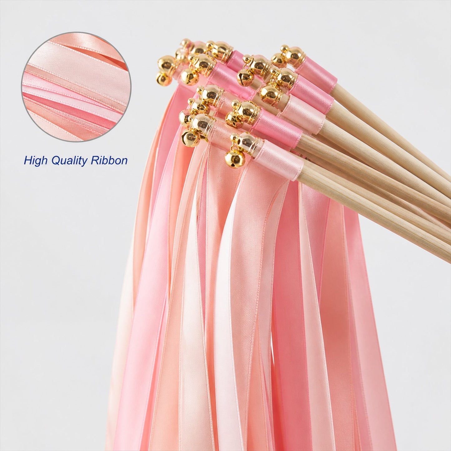 Handmade Coral, Peach & Pink Satin Wedding Ribbon Wands with Bell