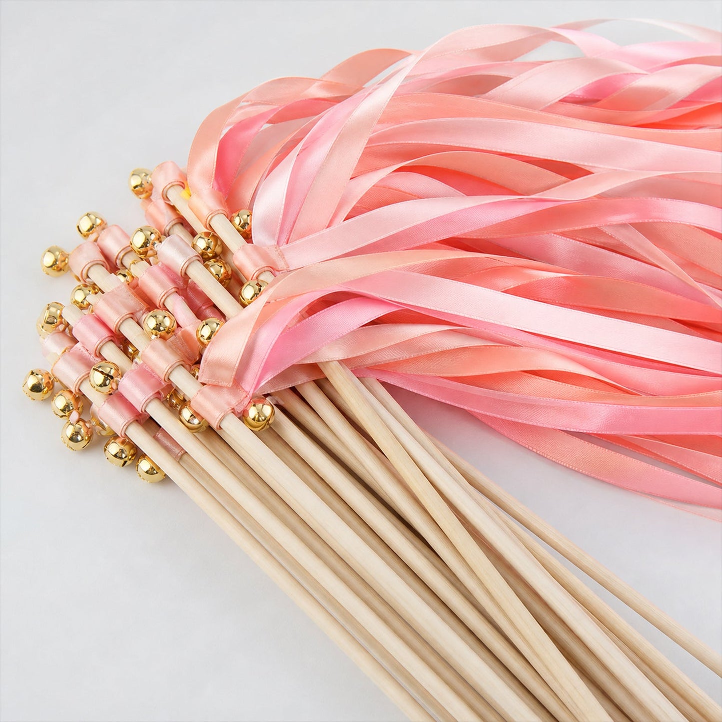 Handmade Coral, Peach & Pink Satin Wedding Ribbon Wands with Bell