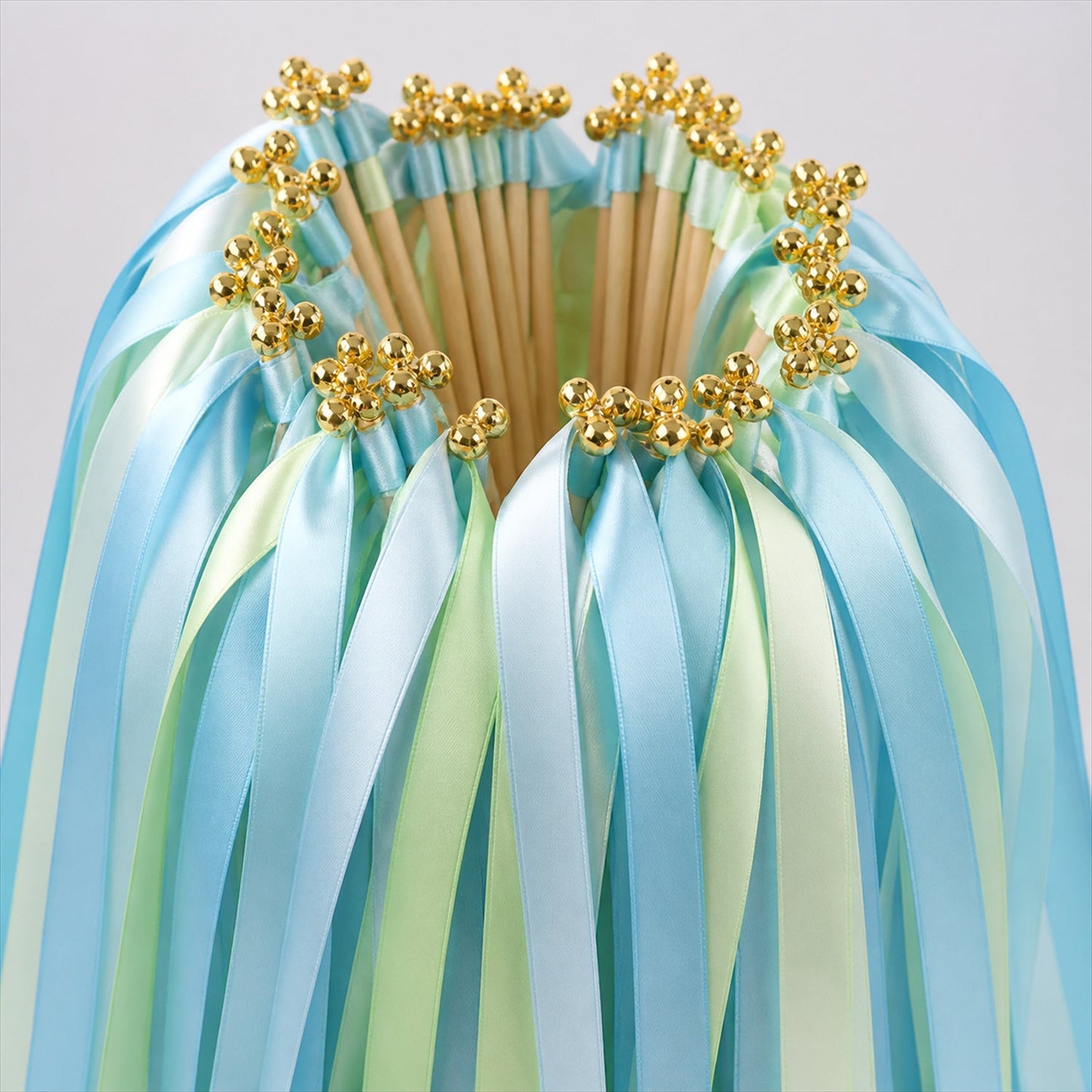 Handmade Mint, Aqua & Sky Blue Satin Wedding Ribbon Wands with Bell