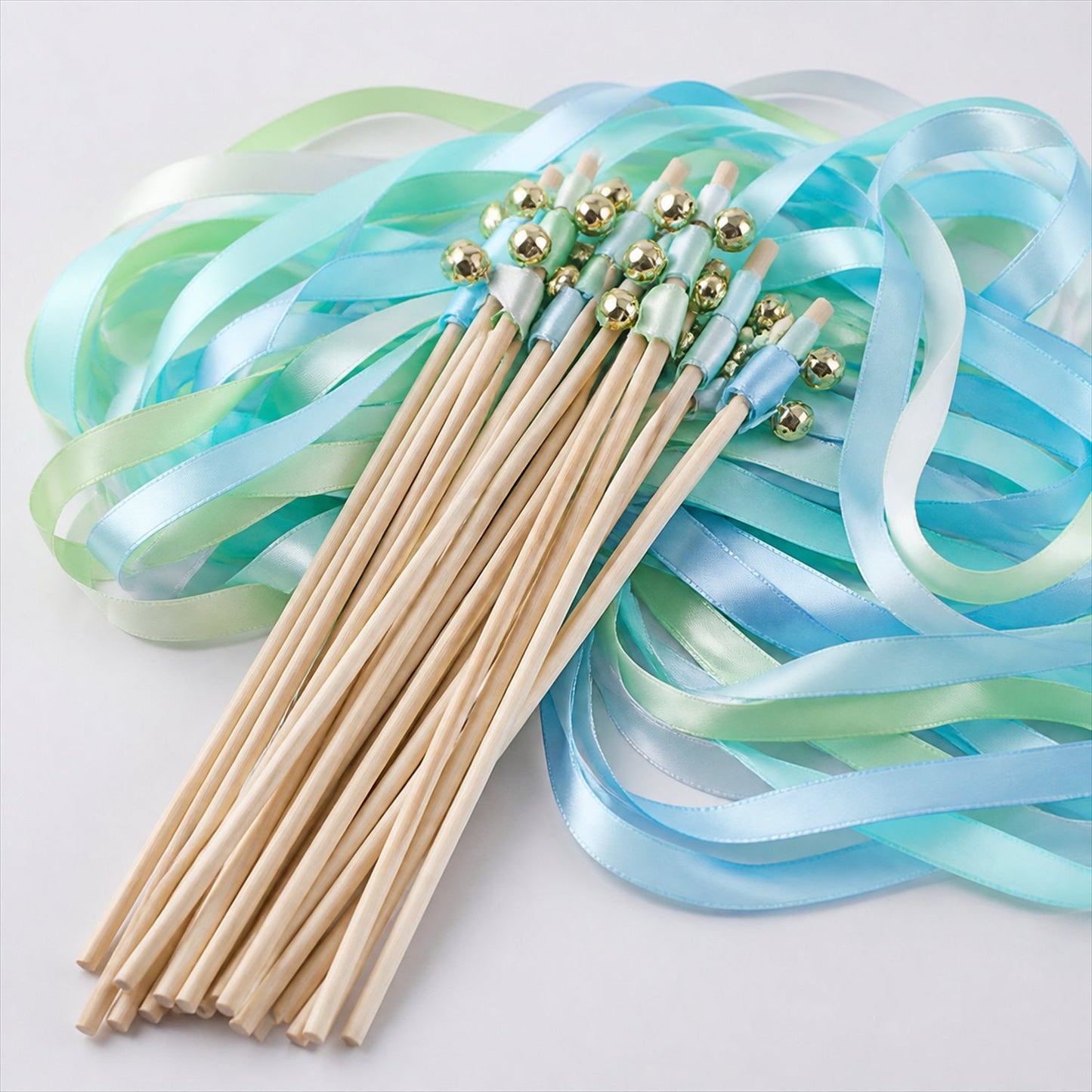 Handmade Mint, Aqua & Sky Blue Satin Wedding Ribbon Wands with Bell