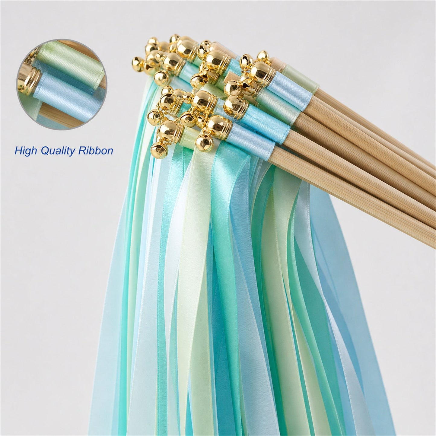 Handmade Mint, Aqua & Sky Blue Satin Wedding Ribbon Wands with Bell
