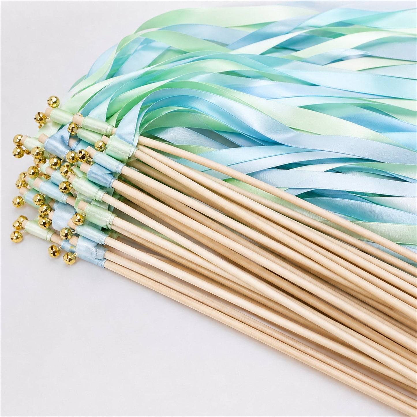 Handmade Mint, Aqua & Sky Blue Satin Wedding Ribbon Wands with Bell