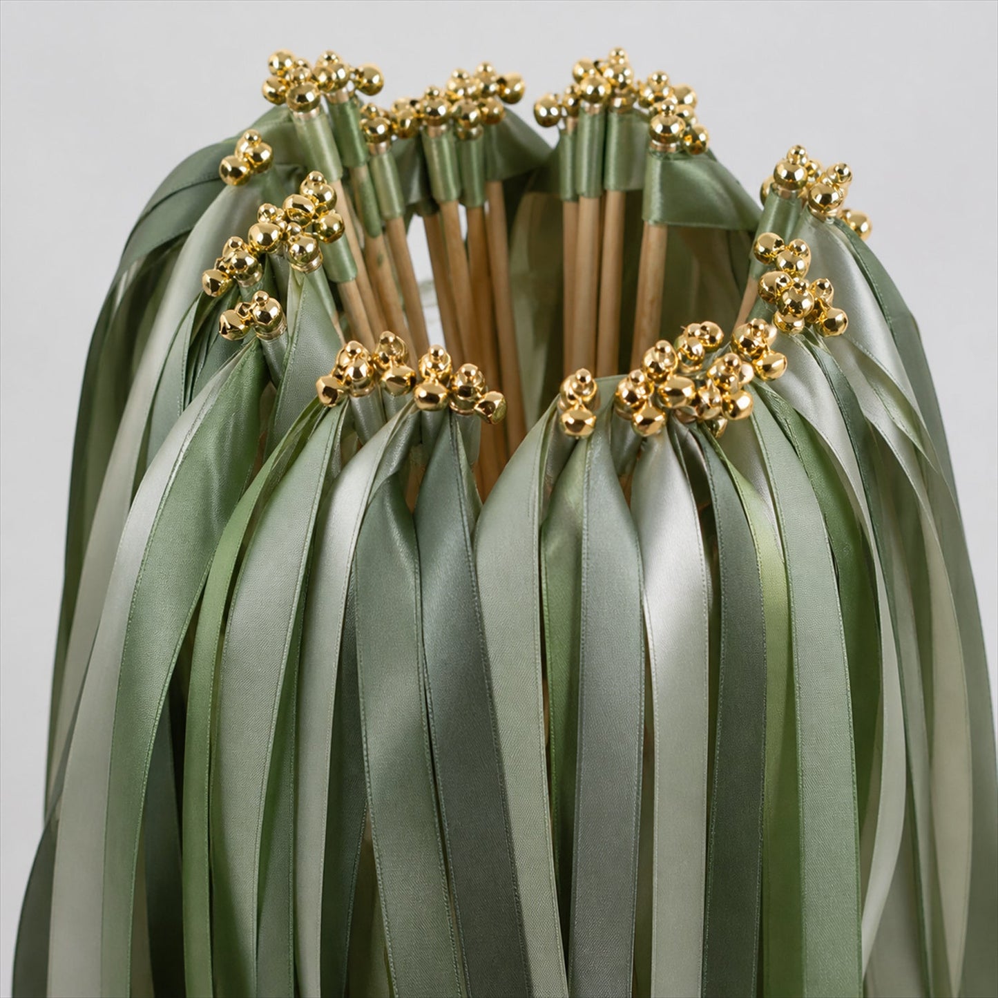 Handmade Sage, Olive & Leaf Green Satin Wedding Ribbon Wands with Bell