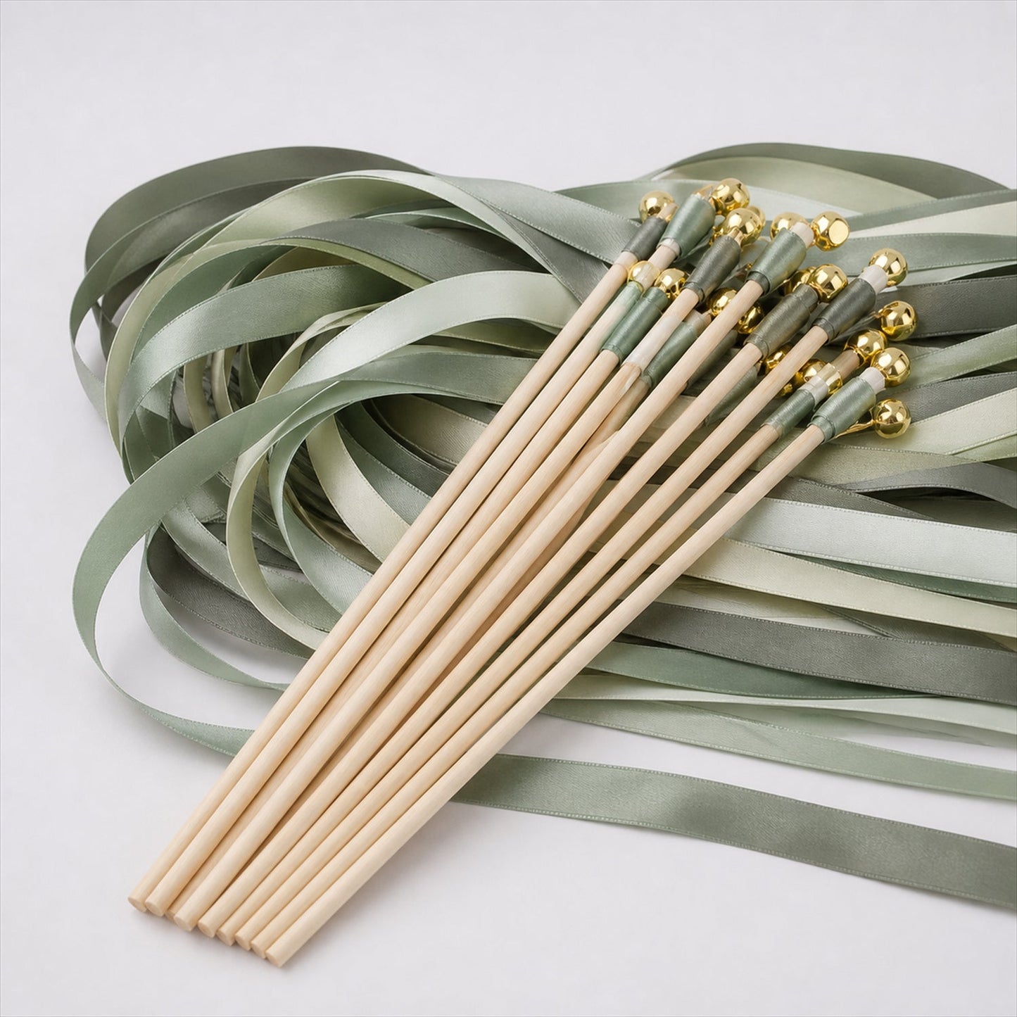 Handmade Sage, Olive & Leaf Green Satin Wedding Ribbon Wands with Bell