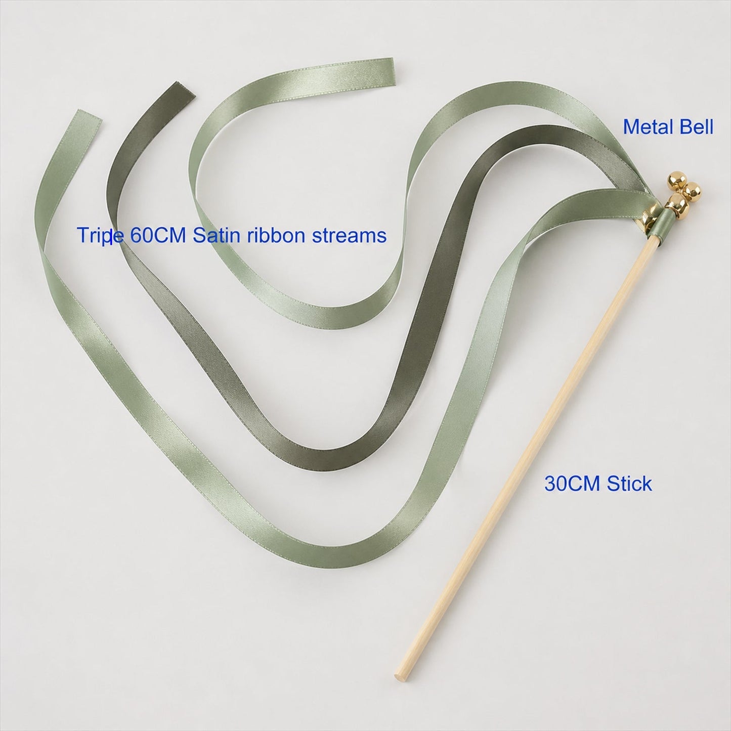 Handmade Sage, Olive & Leaf Green Satin Wedding Ribbon Wands with Bell