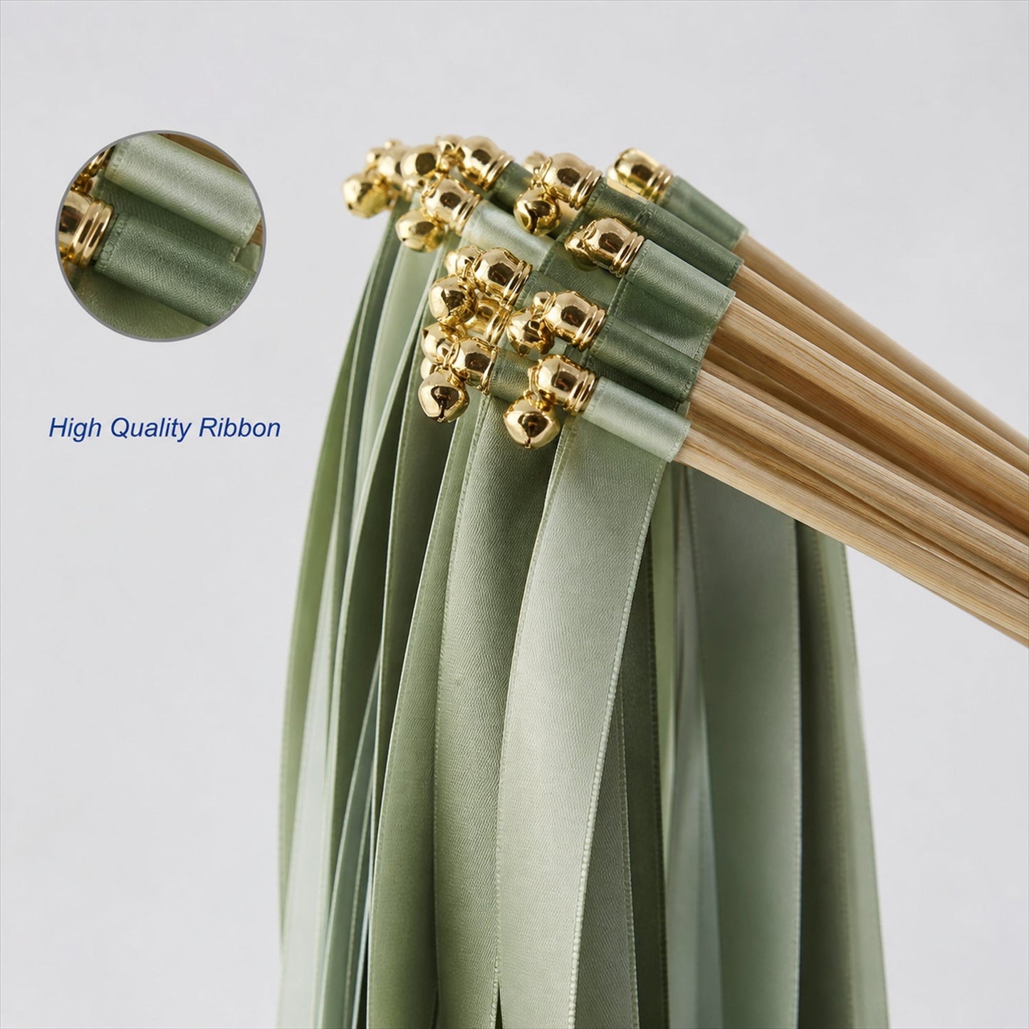 Handmade Sage, Olive & Leaf Green Satin Wedding Ribbon Wands with Bell