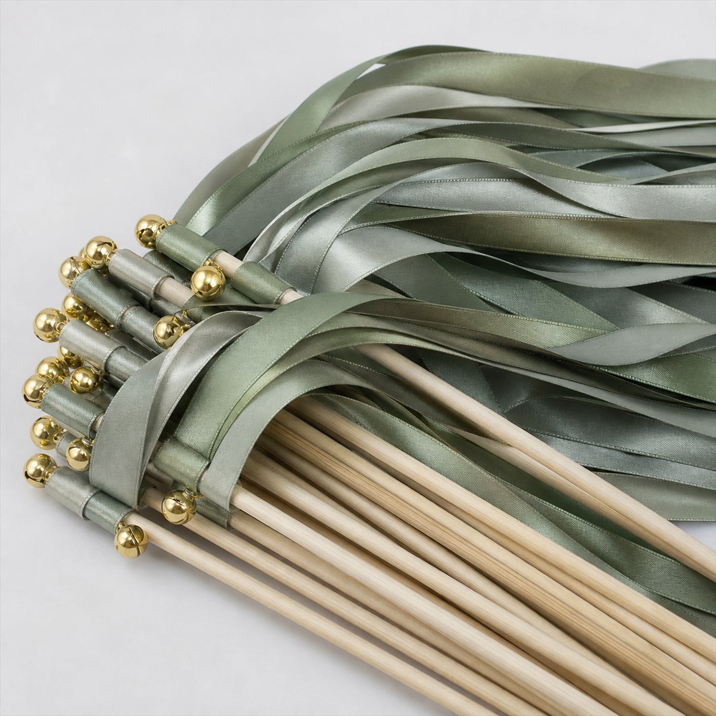 Handmade Sage, Olive & Leaf Green Satin Wedding Ribbon Wands with Bell