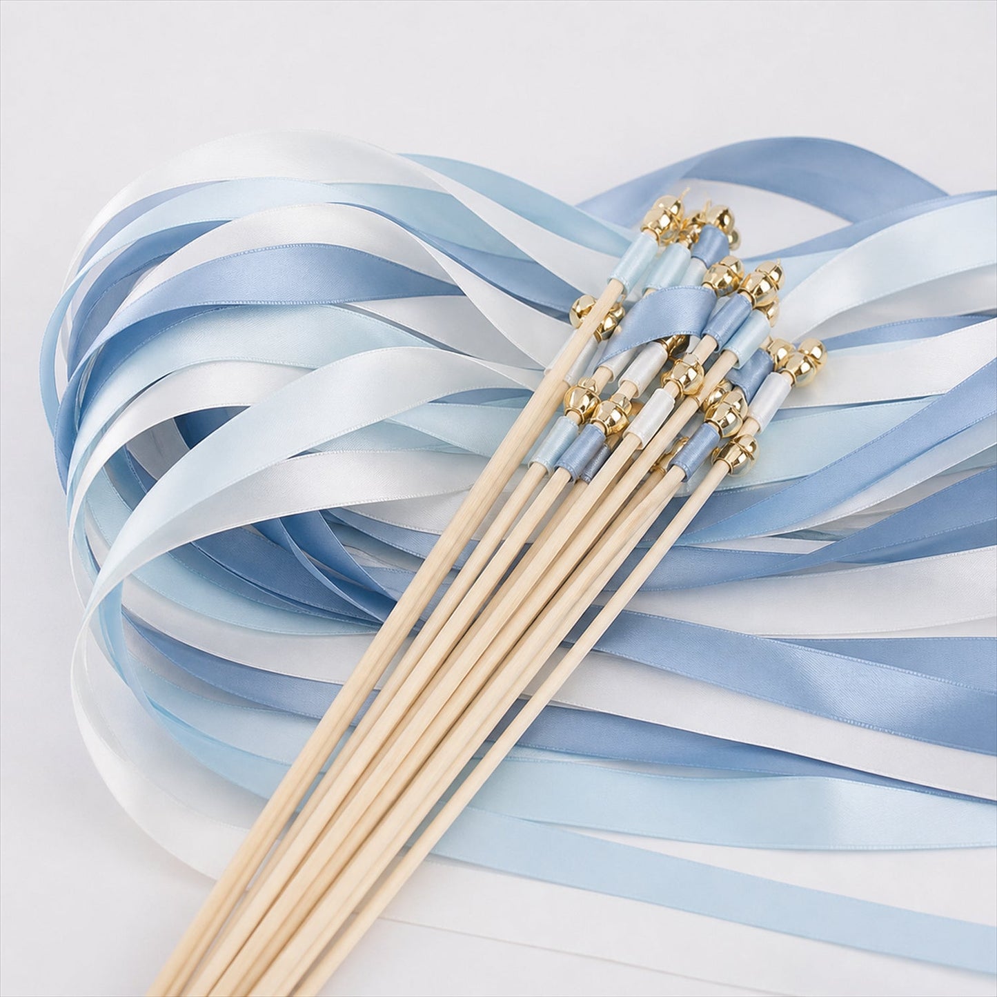 Handmade Light Blue, Ice Blue & White Satin Wedding Ribbon Wands with Bell