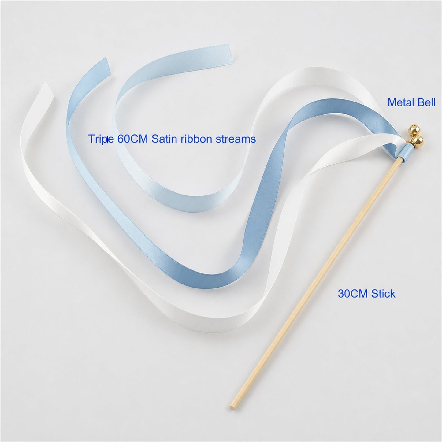 Handmade Light Blue, Ice Blue & White Satin Wedding Ribbon Wands with Bell