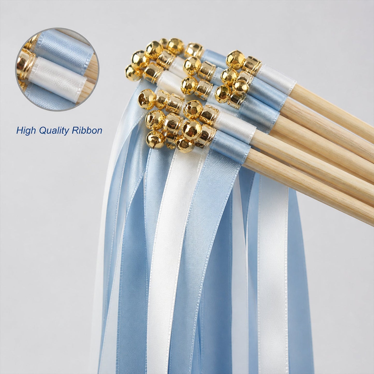 Handmade Light Blue, Ice Blue & White Satin Wedding Ribbon Wands with Bell