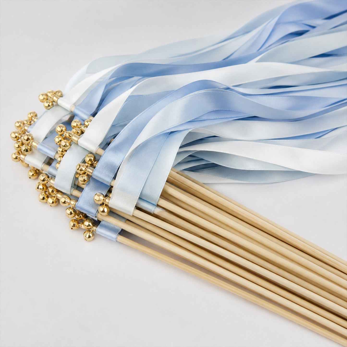 Handmade Light Blue, Ice Blue & White Satin Wedding Ribbon Wands with Bell