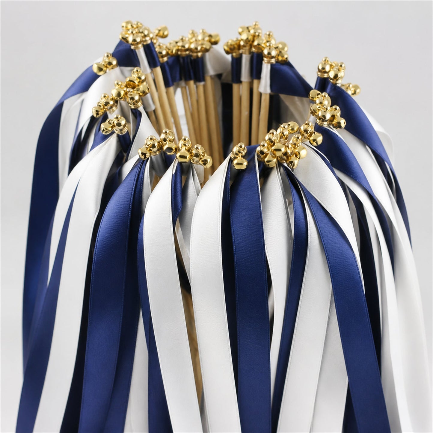 Handmade Navy & White Satin Wedding Ribbon Wands with Bell