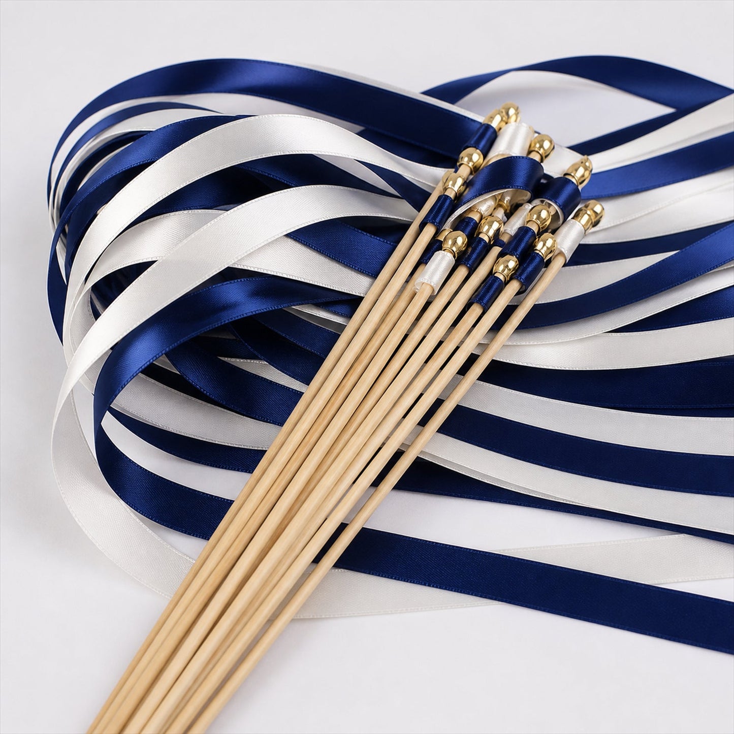 Handmade Navy & White Satin Wedding Ribbon Wands with Bell