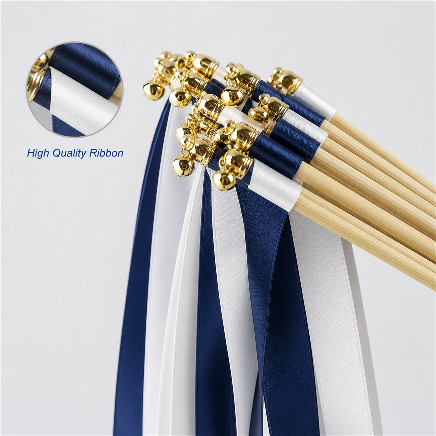 Handmade Navy & White Satin Wedding Ribbon Wands with Bell