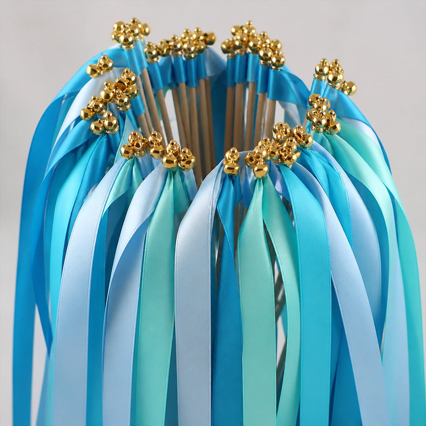 Handmade Aqua, Cyan & Blue Satin Wedding Ribbon Wands with Bell