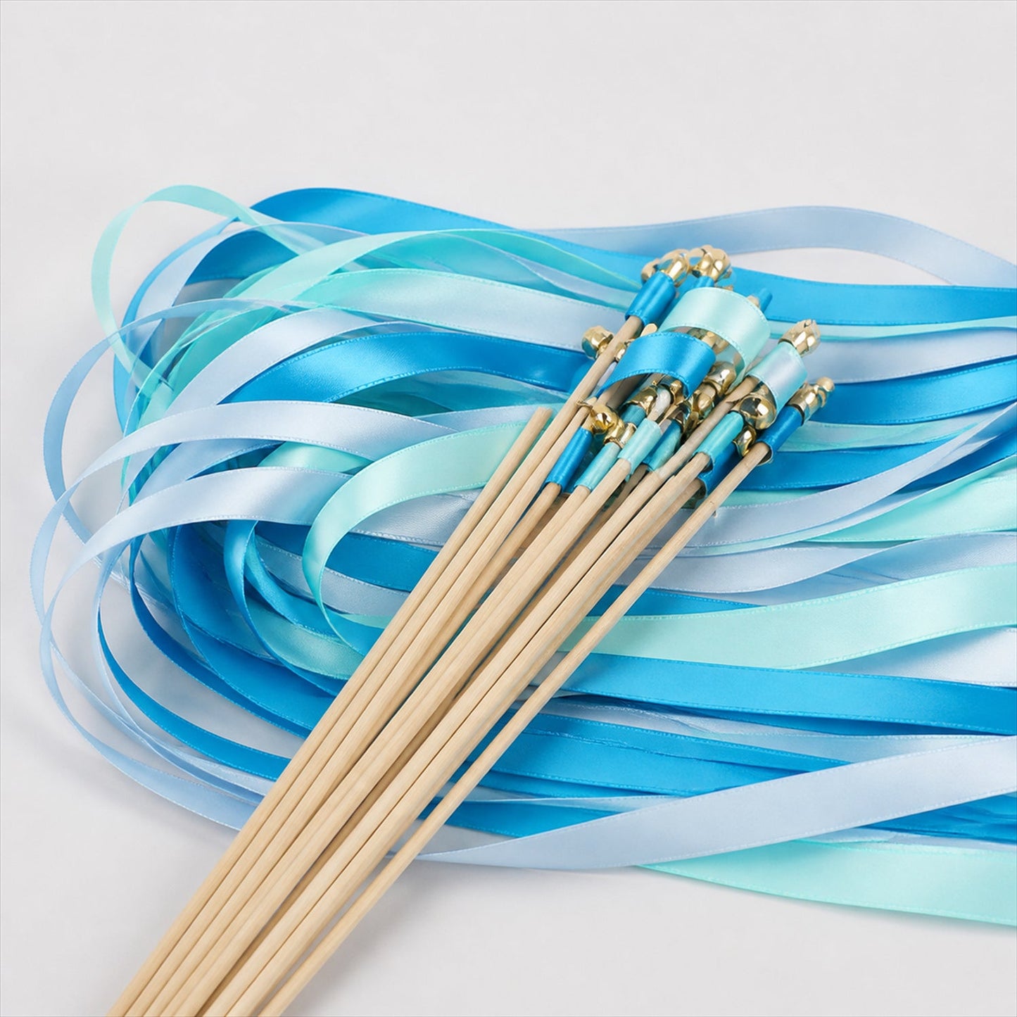 Handmade Aqua, Cyan & Blue Satin Wedding Ribbon Wands with Bell